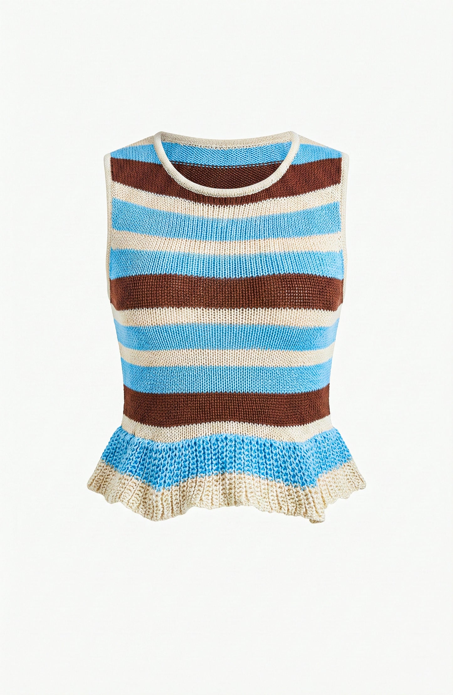 Sleeveless Knit Top with Stripe Pattern and Ruffle Hem