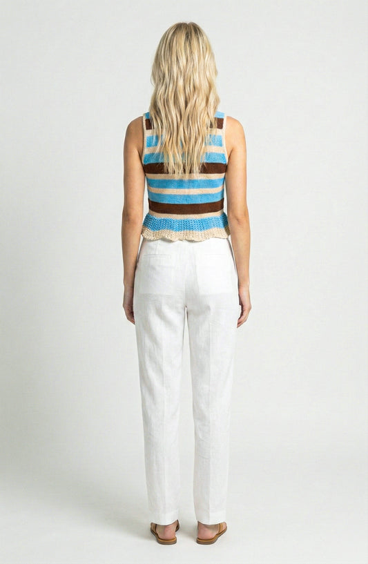 Sleeveless Knit Top with Stripe Pattern and Ruffle Hem