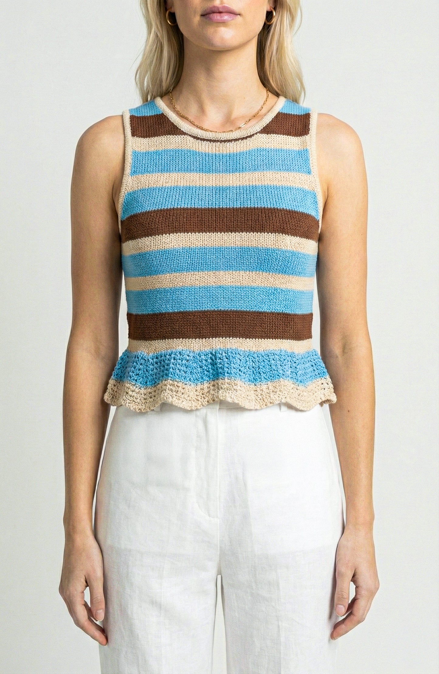 Sleeveless Knit Top with Stripe Pattern and Ruffle Hem