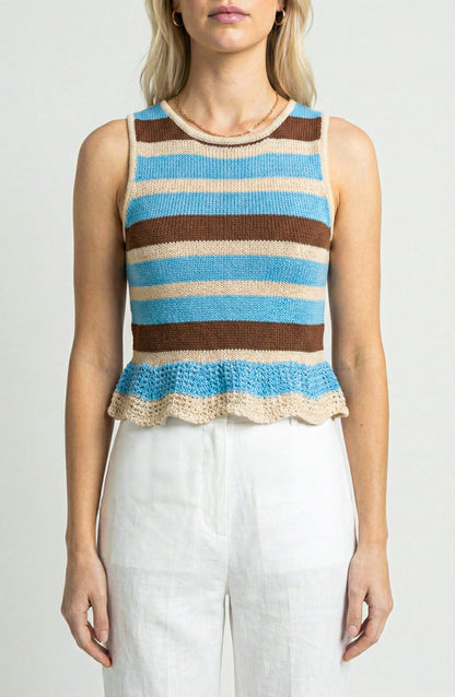 Sleeveless Knit Top with Stripe Pattern and Ruffle Hem