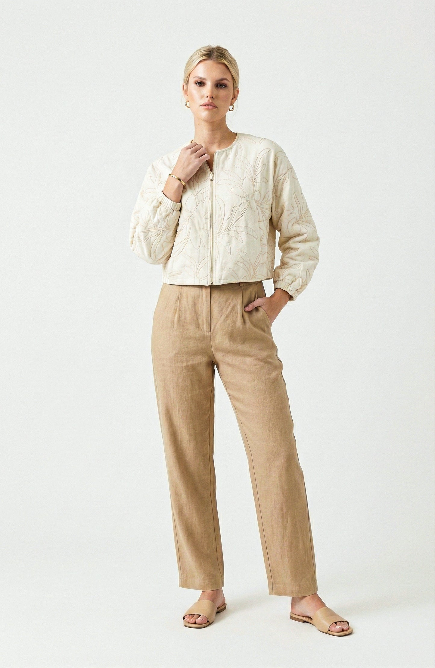 Long Sleeve Cropped Jacket with Zip Front and Embroidered Texture