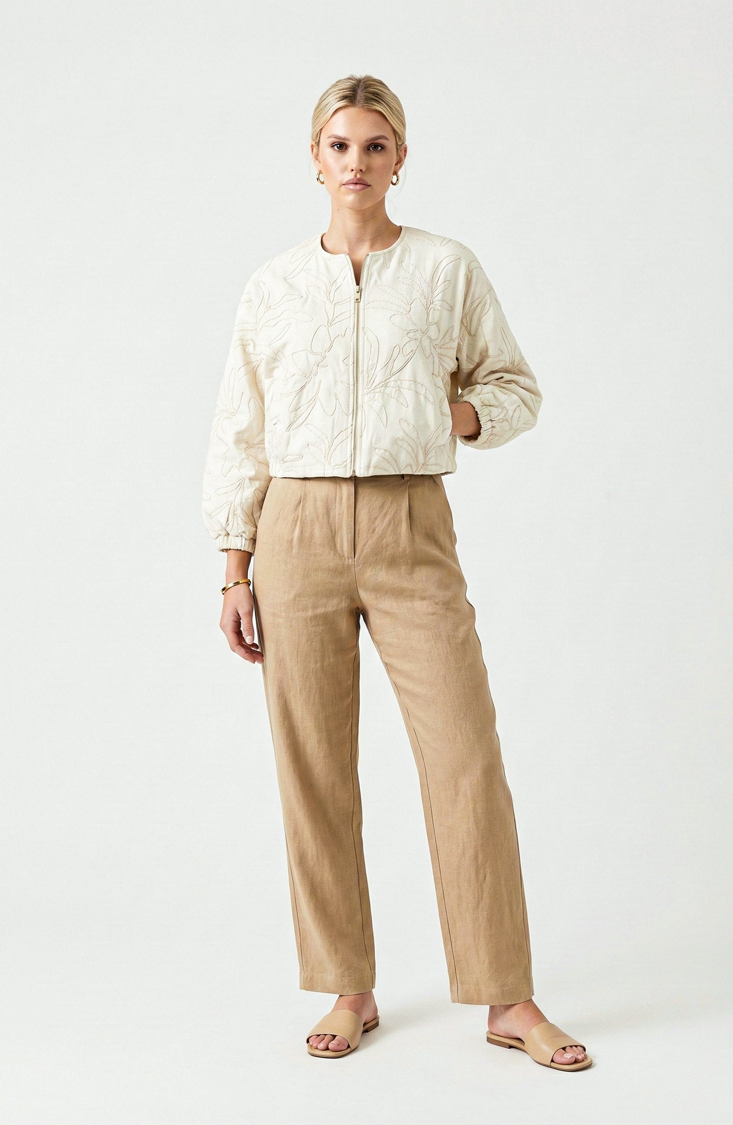 Long Sleeve Cropped Jacket with Zip Front and Embroidered Texture