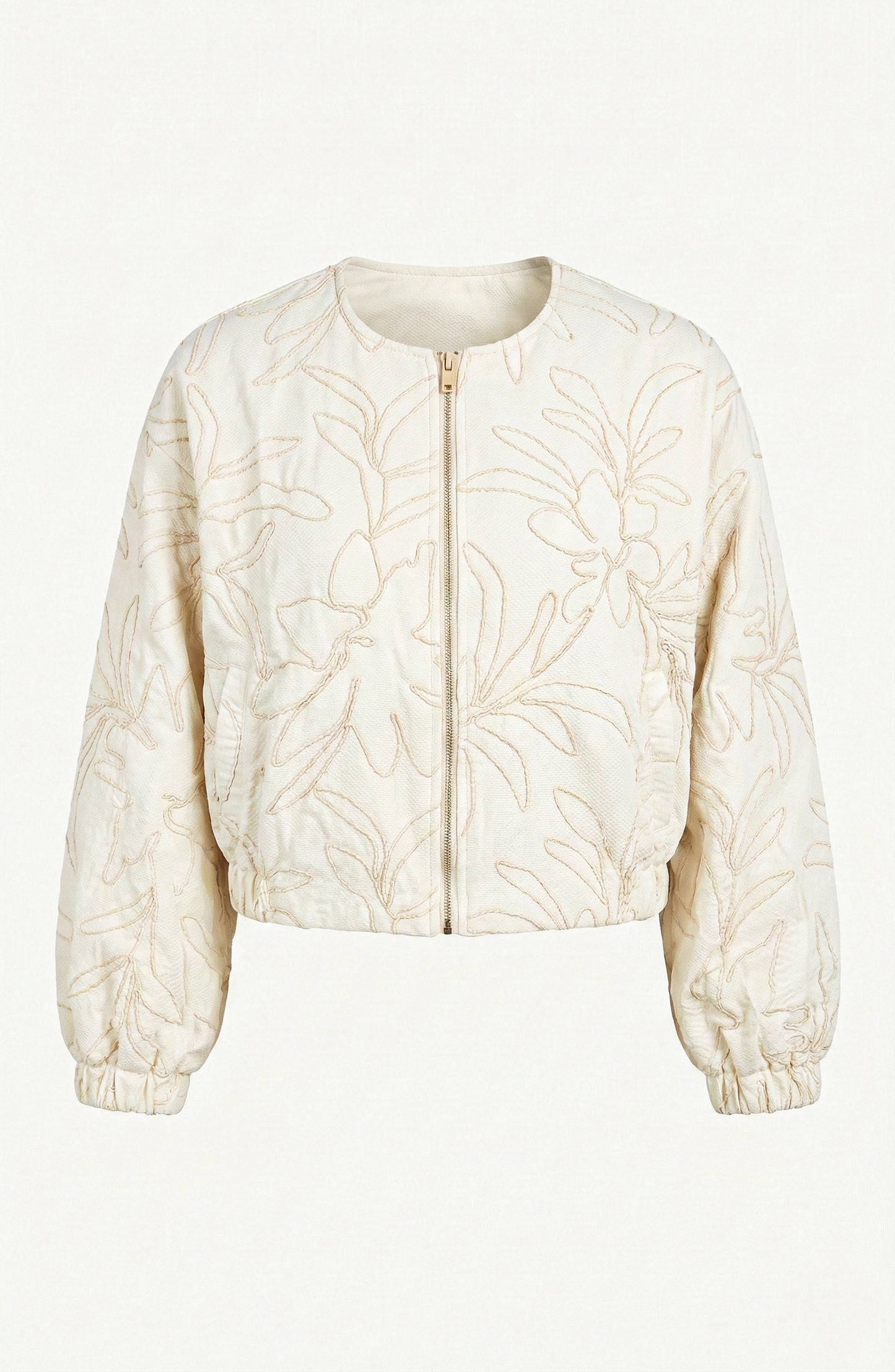 Long Sleeve Cropped Jacket with Zip Front and Embroidered Texture