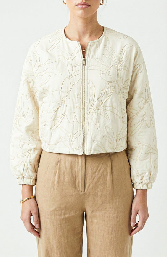 Long Sleeve Cropped Jacket with Zip Front and Embroidered Texture