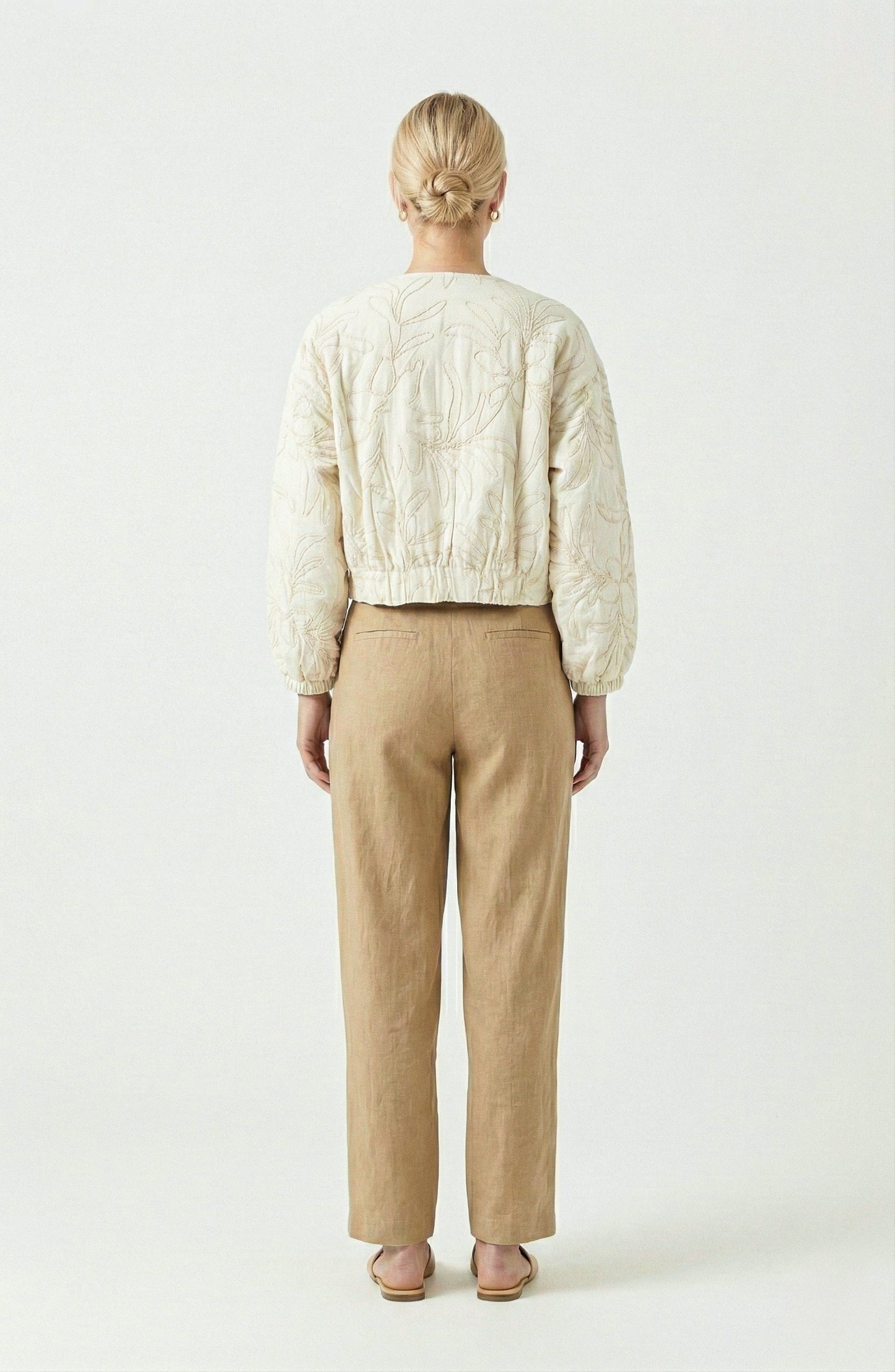 Long Sleeve Cropped Jacket with Zip Front and Embroidered Texture