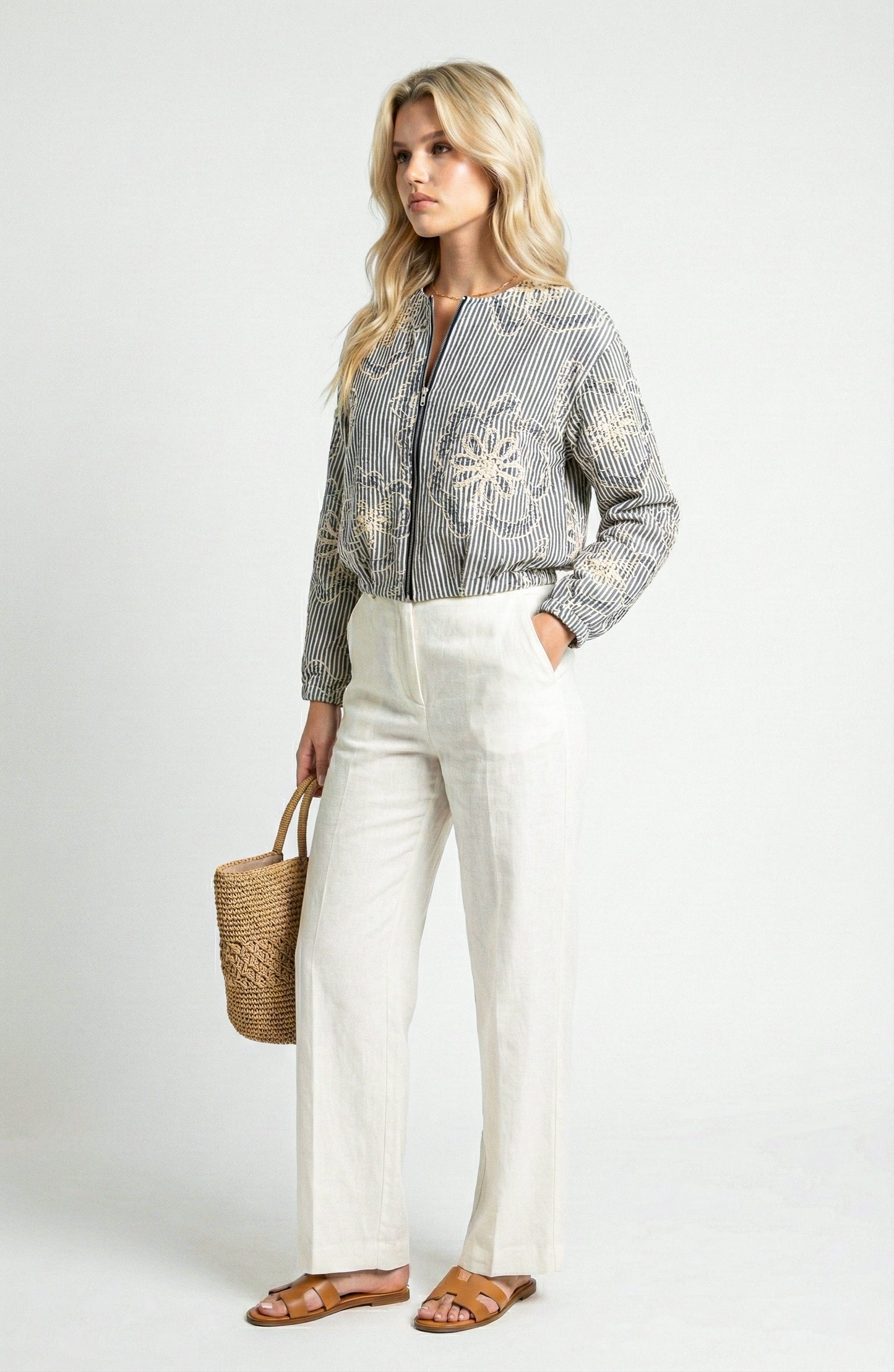 Long Sleeve Cropped Jacket with Zip Front and Embroidered Stripe Pattern