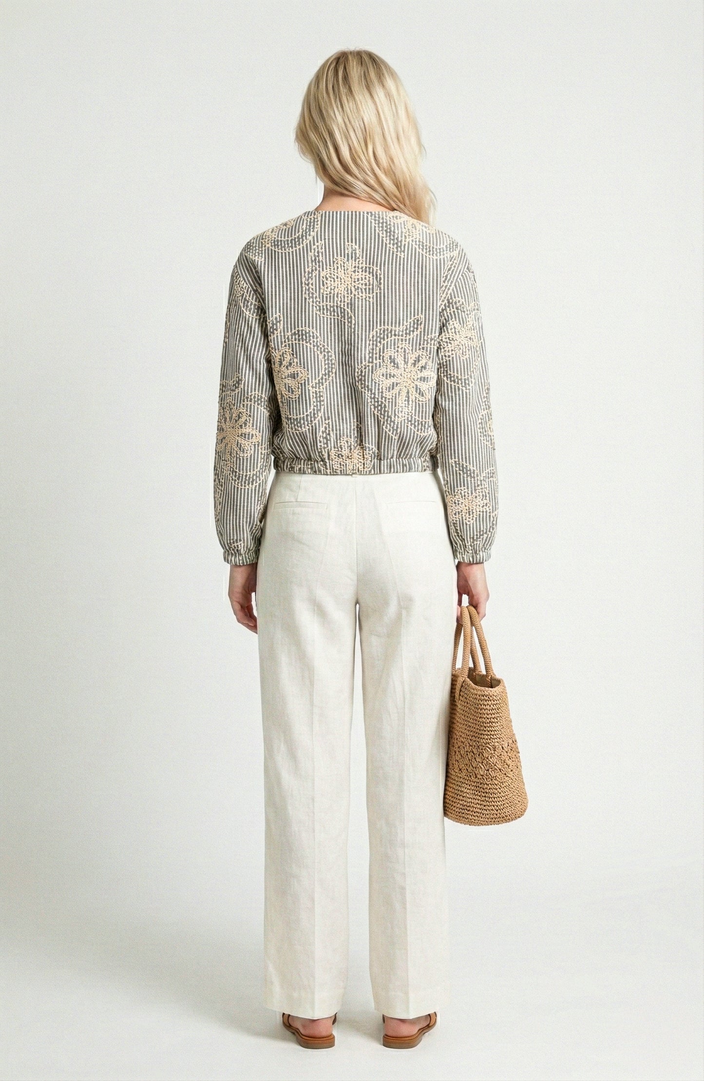 Long Sleeve Cropped Jacket with Zip Front and Embroidered Stripe Pattern