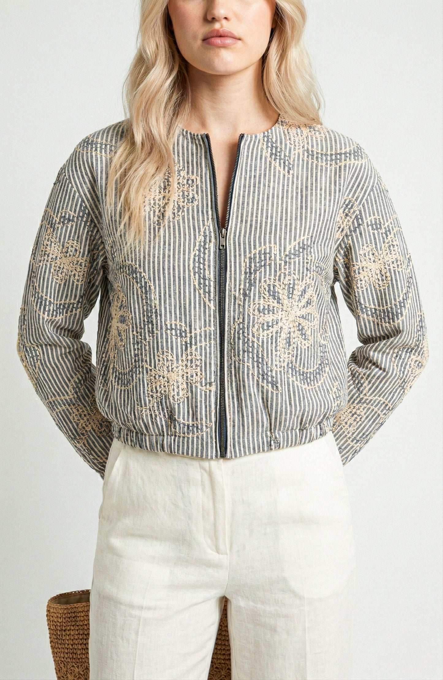 Long Sleeve Cropped Jacket with Zip Front and Embroidered Stripe Pattern
