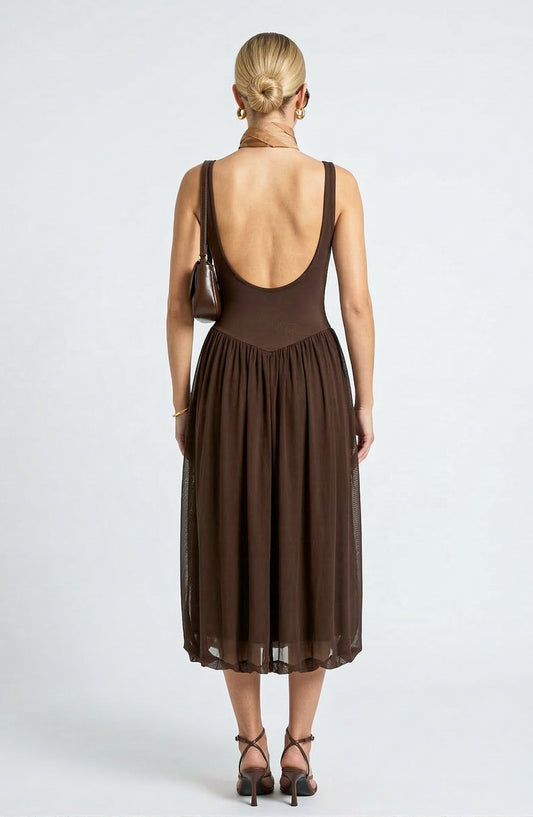 Sleeveless Midi Dress with Scoop Neck and Gathered Skirt