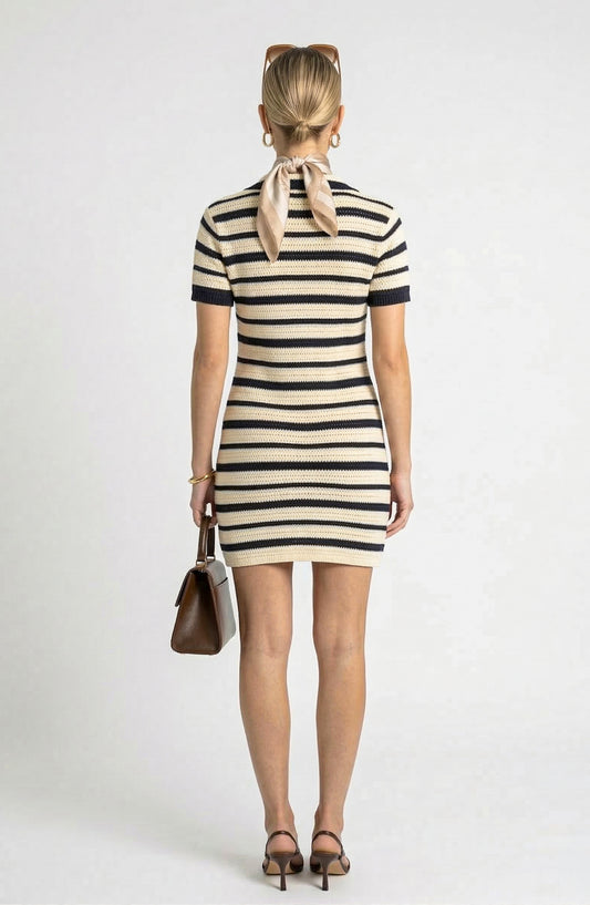 Short Sleeve Mini Sweater Dress with Collared Split Neck and Stripe Pattern