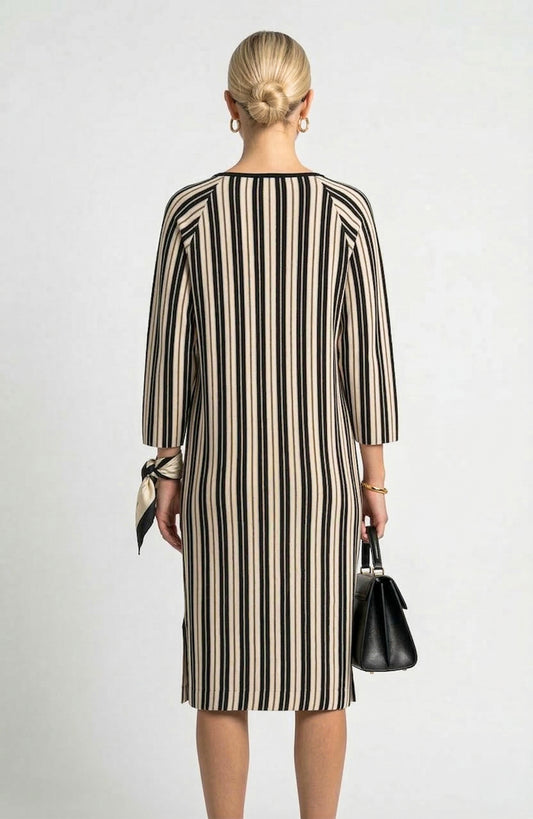 Long Sleeve Midi Sweater Dress with Split Neck and Vertical Stripe Pattern