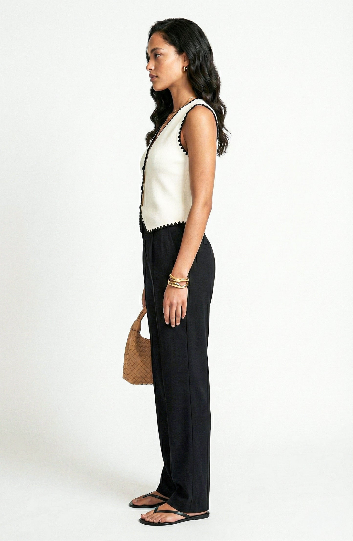 Sleeveless Sweater Vest with Button Front and Contrast Trim