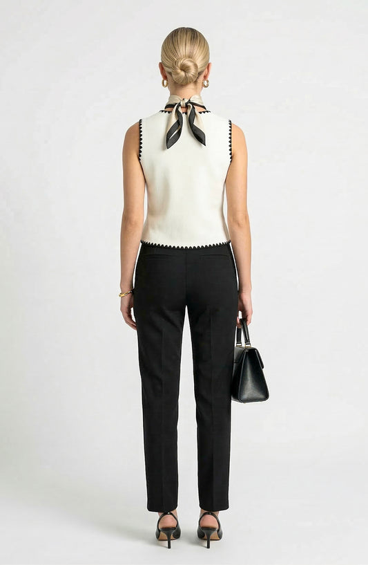 Sleeveless Sweater Vest with Button Front and Contrast Trim