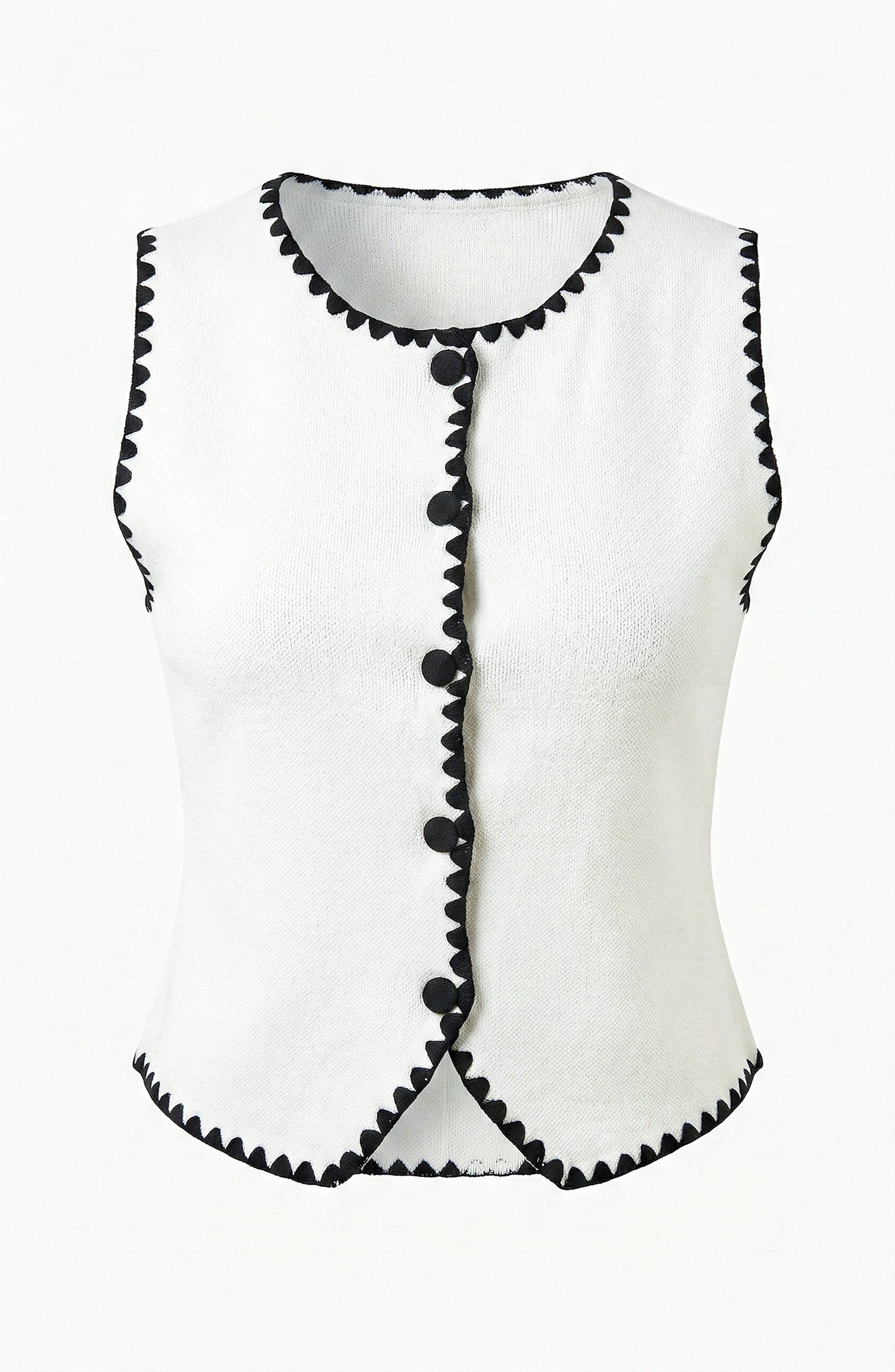 Sleeveless Sweater Vest with Button Front and Contrast Trim