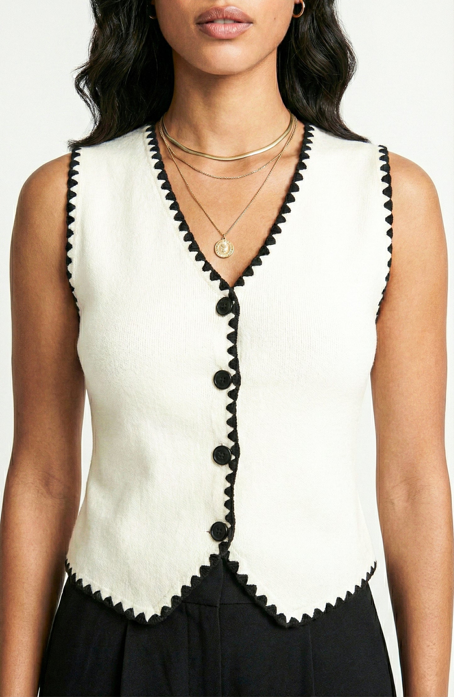 Sleeveless Sweater Vest with Button Front and Contrast Trim