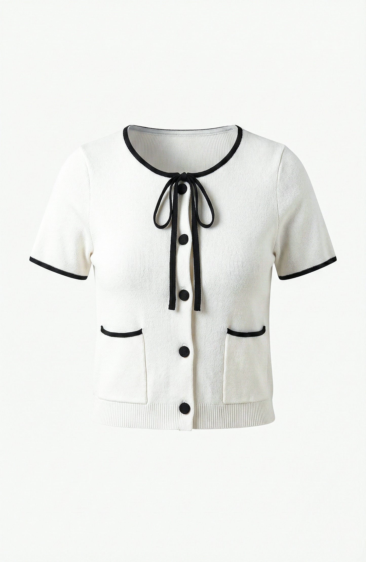 Short Sleeve Sweater Top with Button Front and Contrast Trim