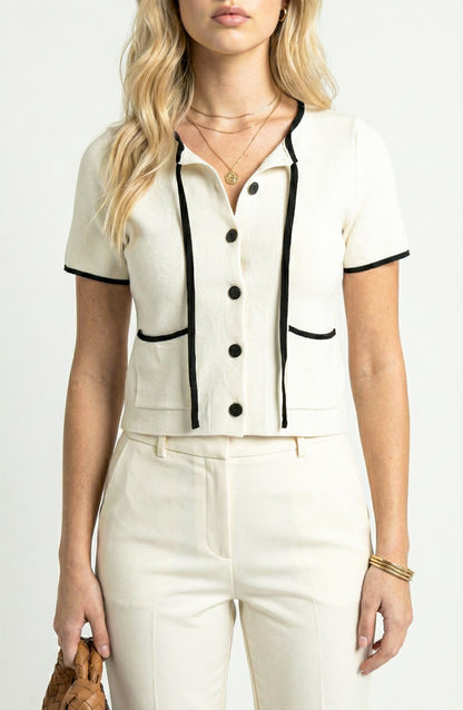 Short Sleeve Sweater Top with Button Front and Contrast Trim