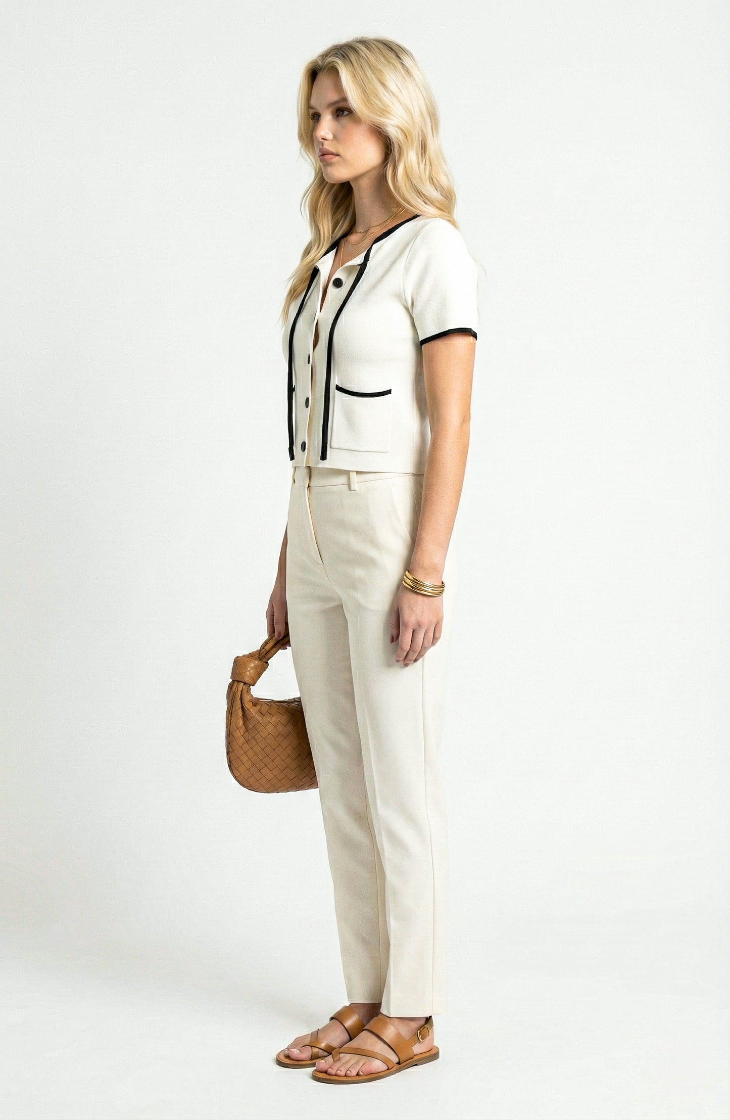 Short Sleeve Sweater Top with Button Front and Contrast Trim