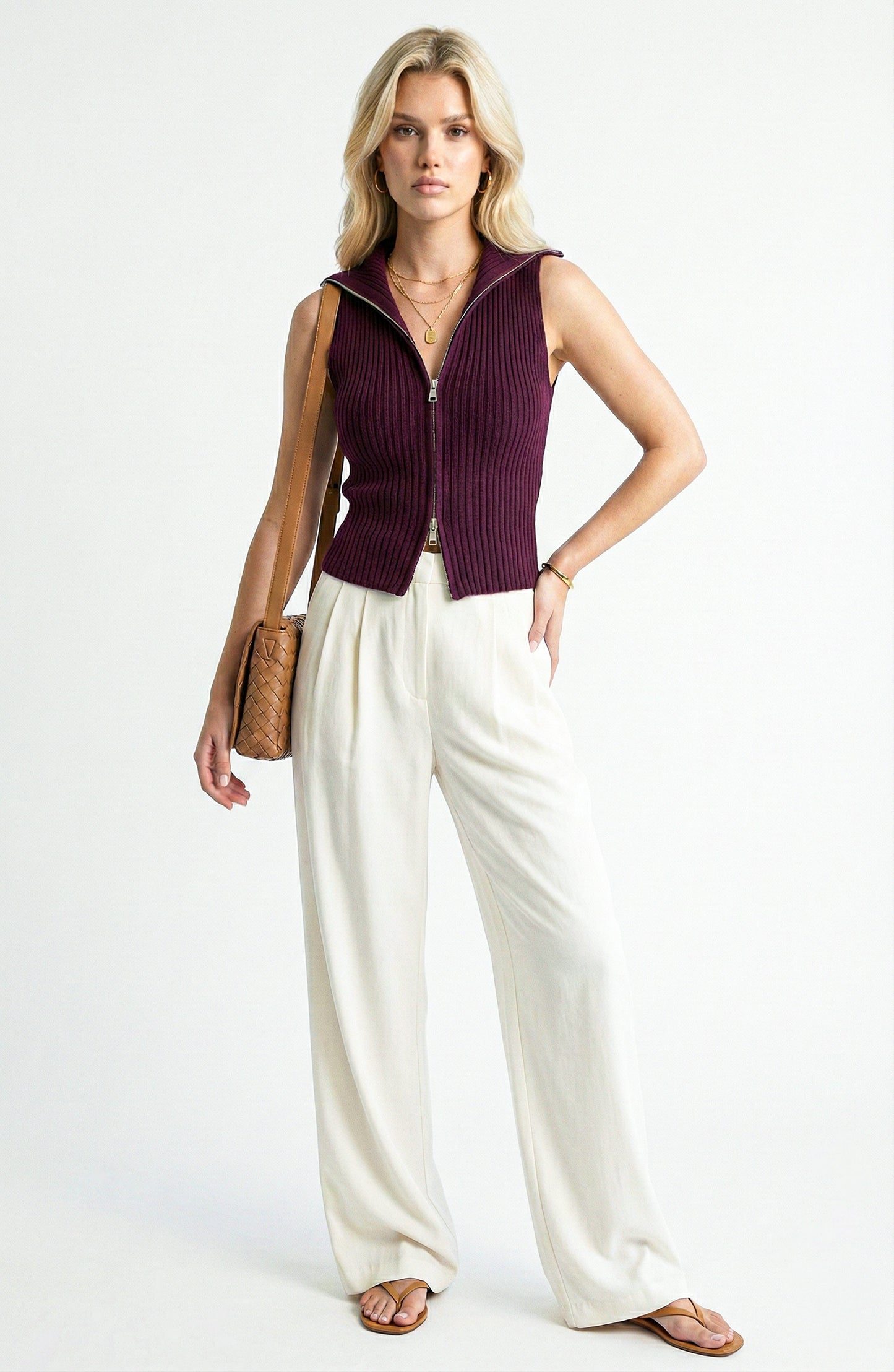 Sleeveless Sweater Vest with Zip Front and Ribbed Knit