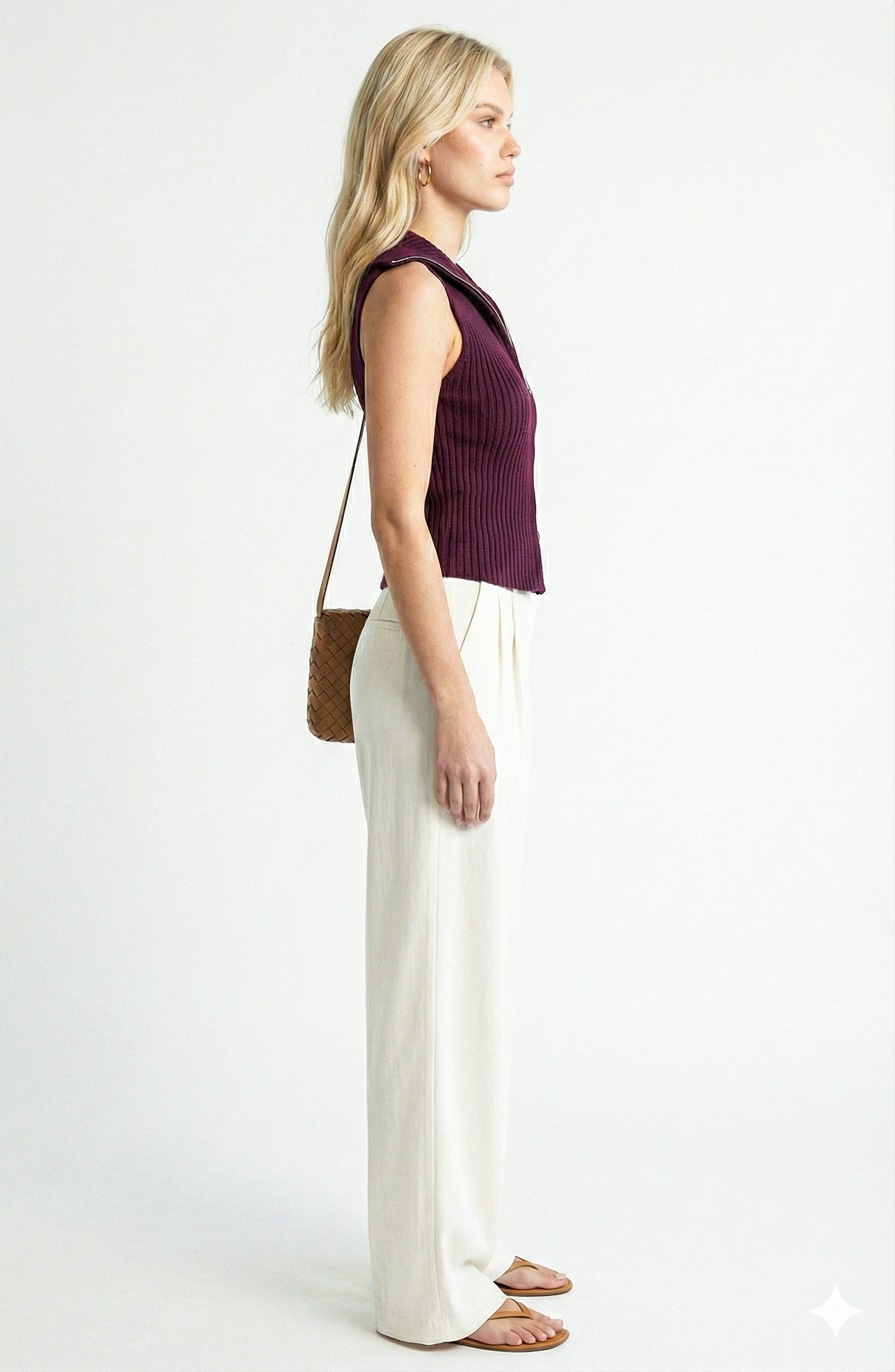 Sleeveless Sweater Vest with Zip Front and Ribbed Knit