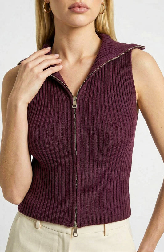 Sleeveless Sweater Vest with Zip Front and Ribbed Knit