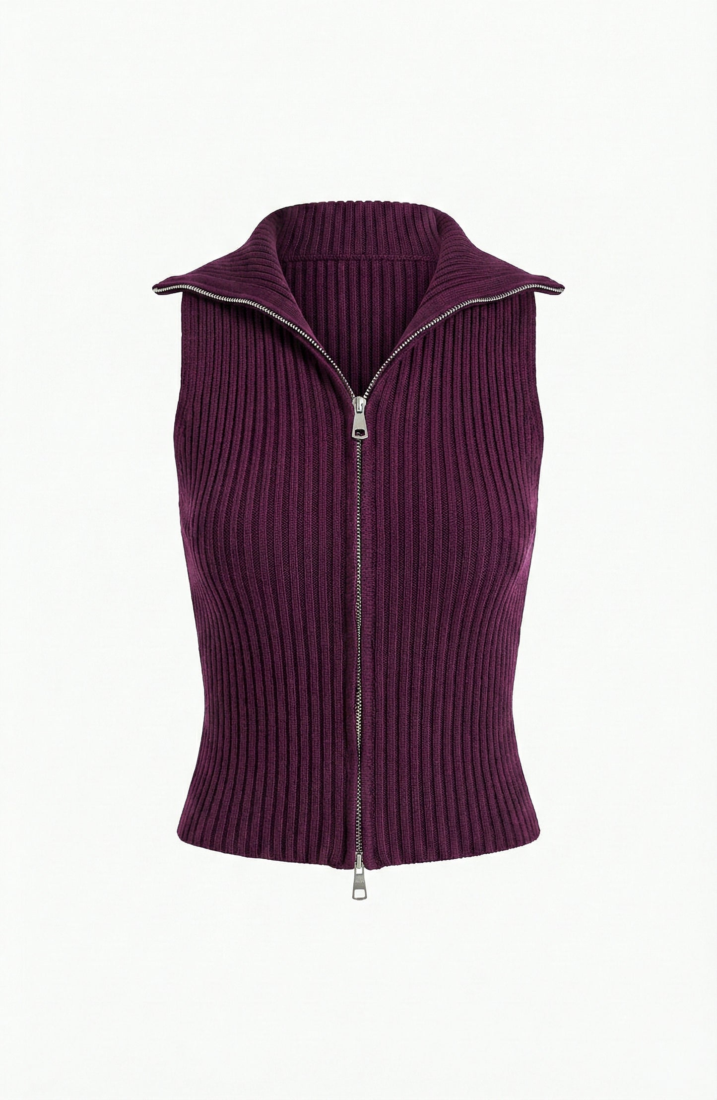 Sleeveless Sweater Vest with Zip Front and Ribbed Knit