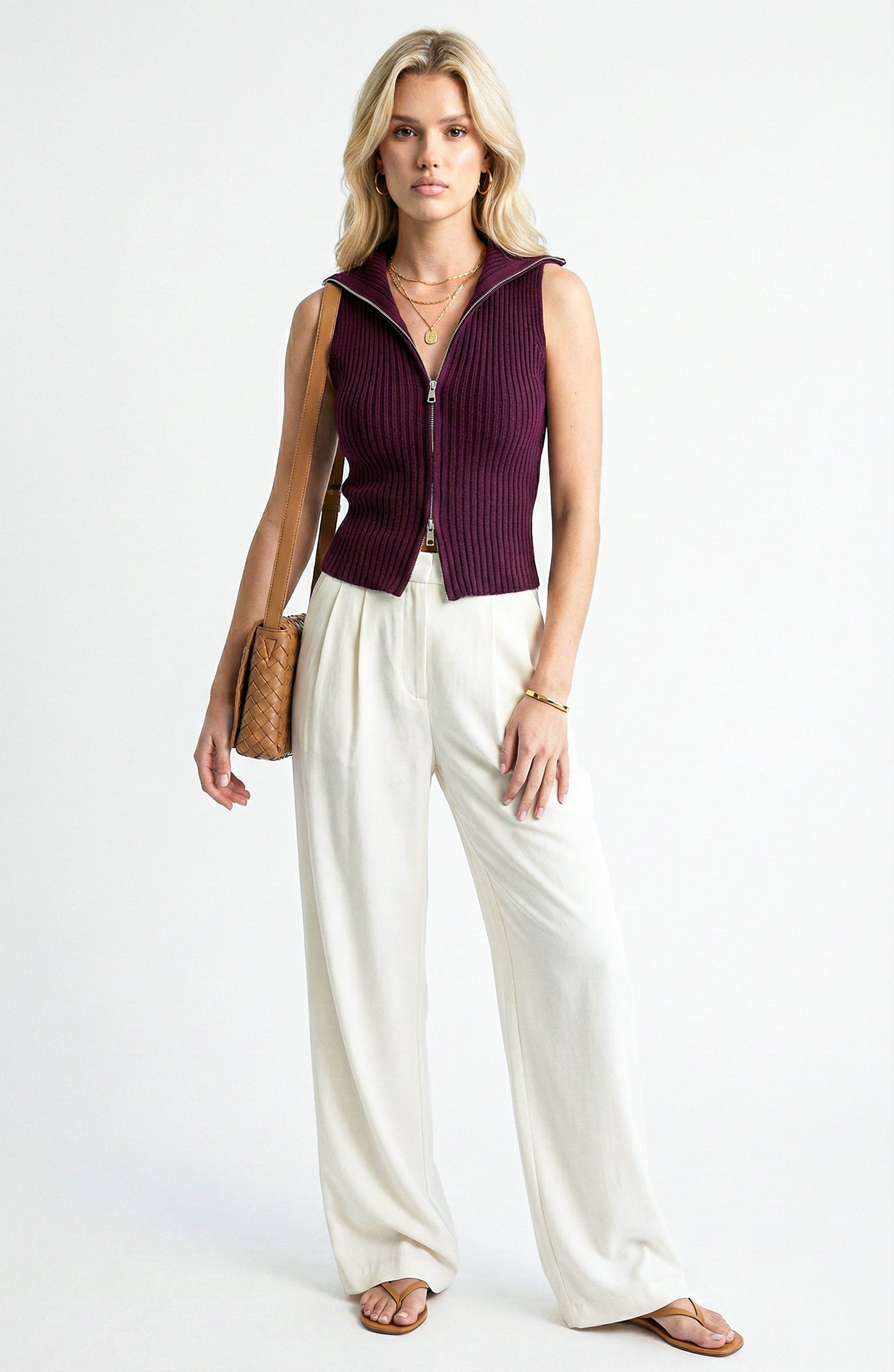 Sleeveless Sweater Vest with Zip Front and Ribbed Knit