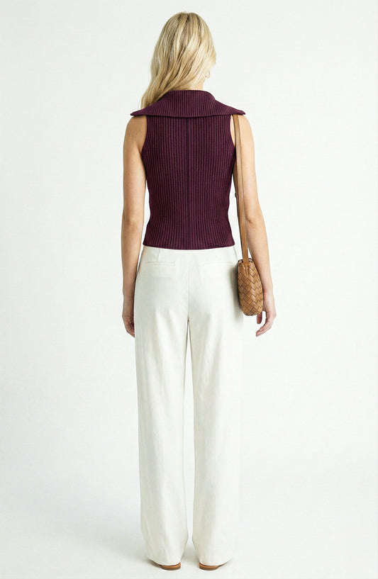 Sleeveless Sweater Vest with Zip Front and Ribbed Knit