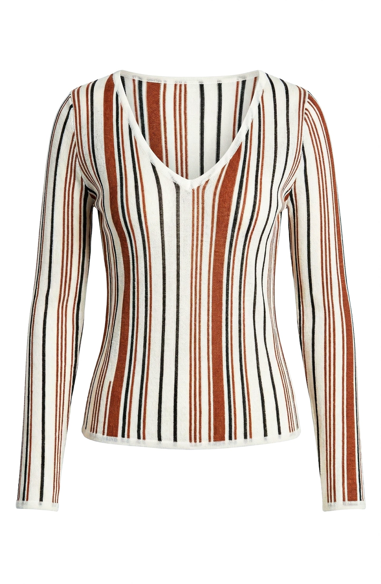 Long Sleeve Sweater Top with V Neck and Vertical Stripe Pattern
