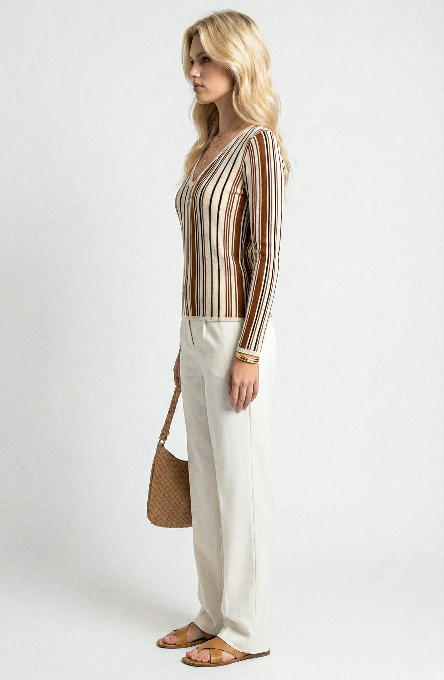 Long Sleeve Sweater Top with V Neck and Vertical Stripe Pattern