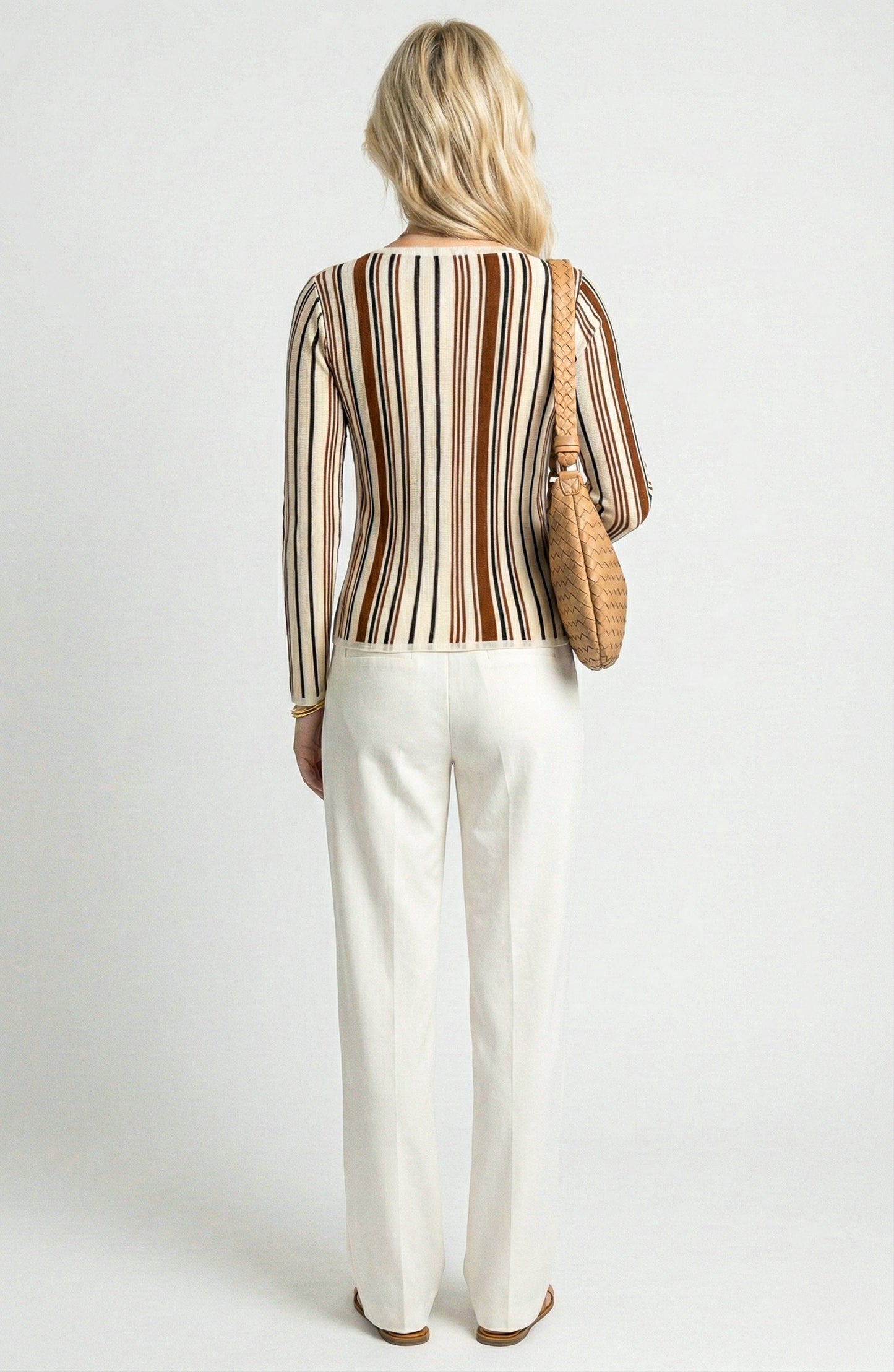 Long Sleeve Sweater Top with V Neck and Vertical Stripe Pattern