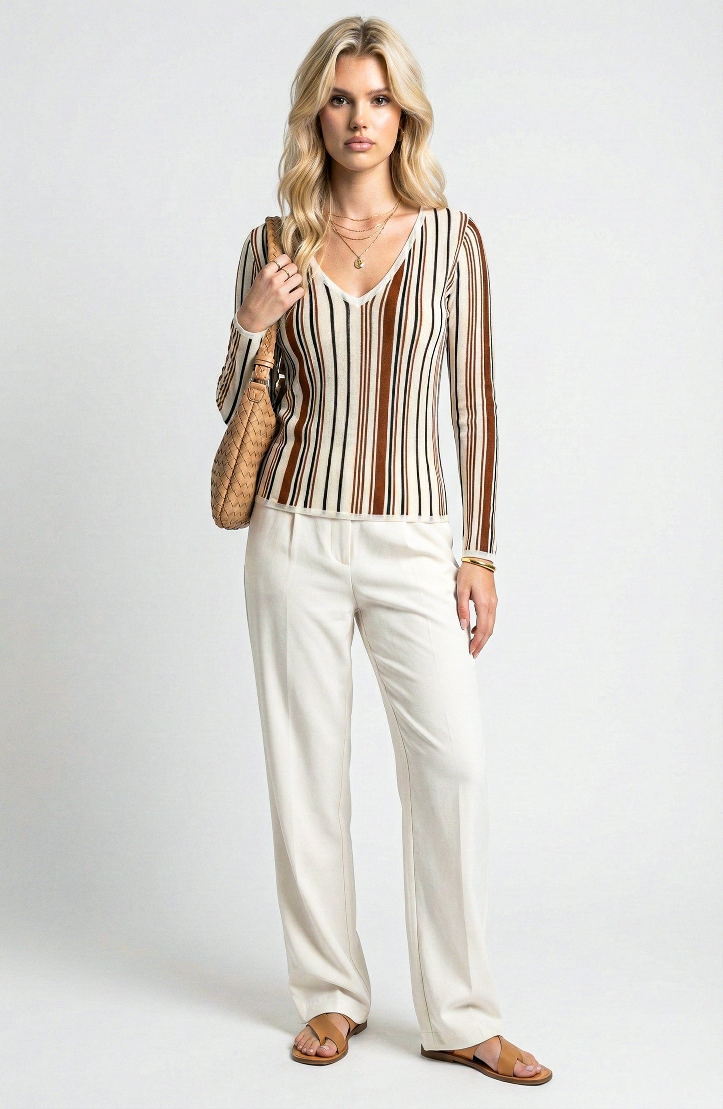 Long Sleeve Sweater Top with V Neck and Vertical Stripe Pattern