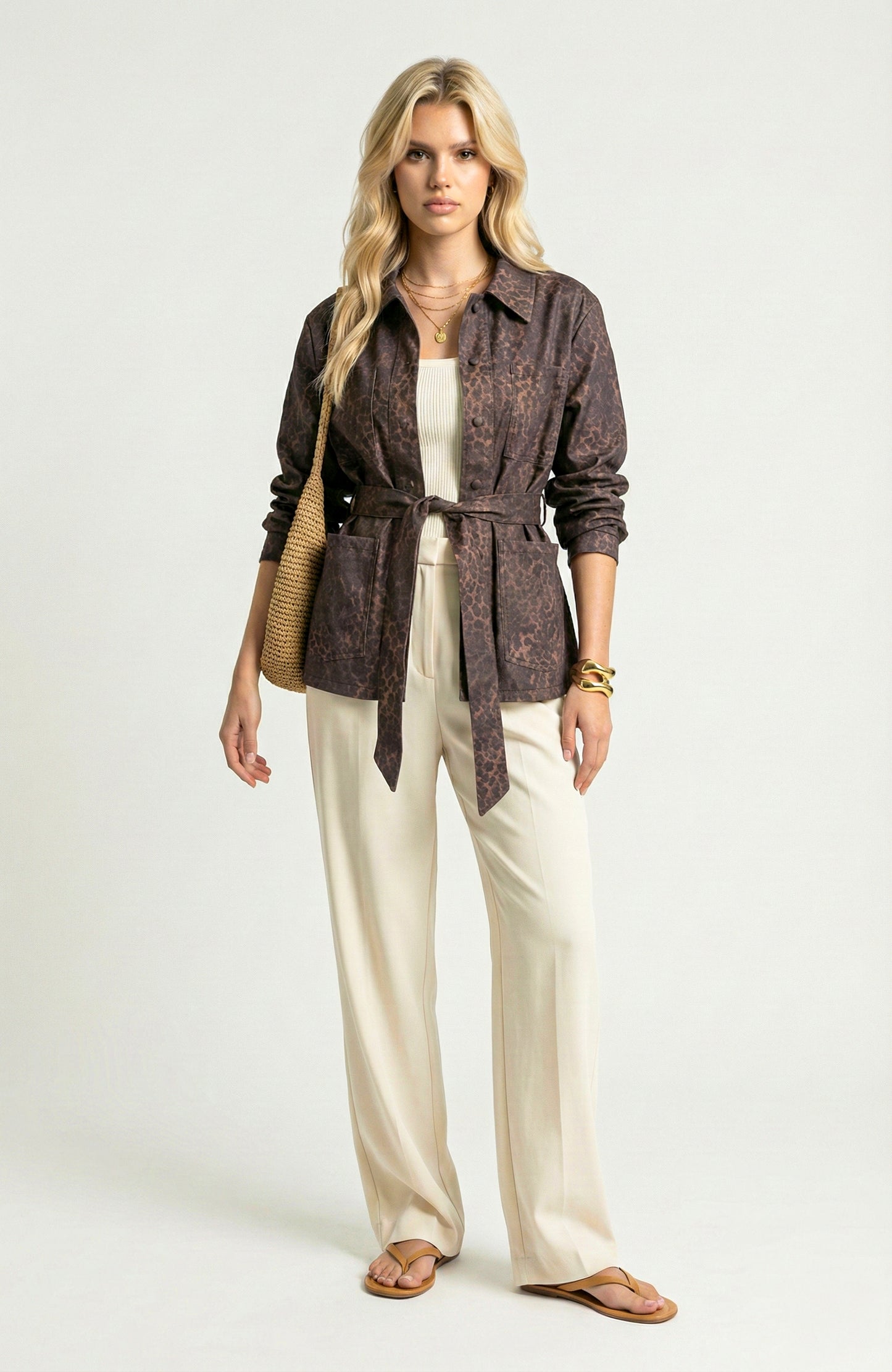 Long Sleeve Utility Jacket with Belted Waist and Patch Pockets