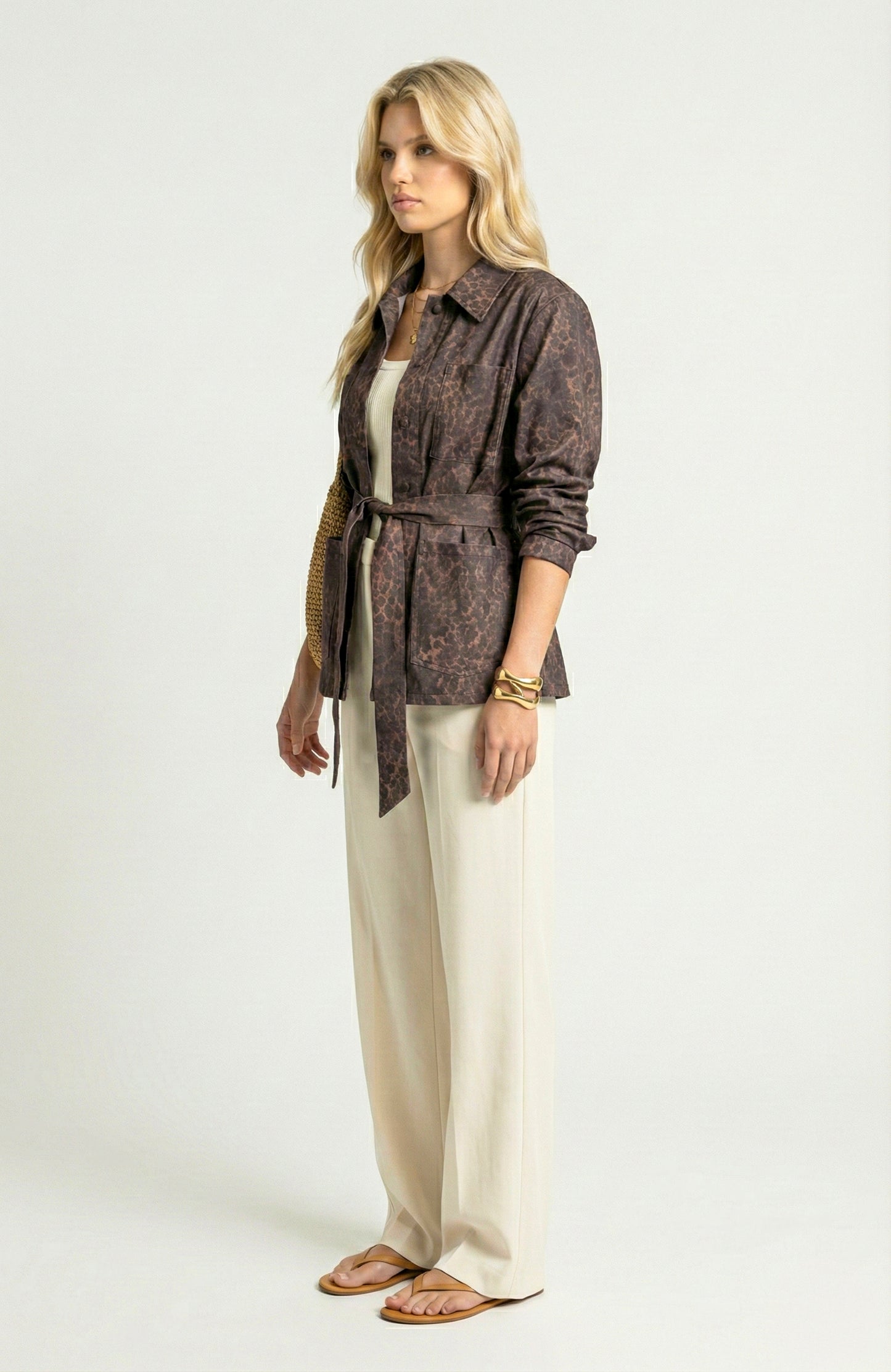 Long Sleeve Utility Jacket with Belted Waist and Patch Pockets