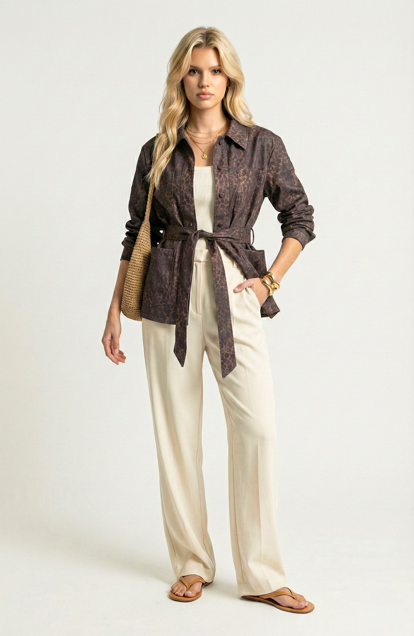 Long Sleeve Utility Jacket with Belted Waist and Patch Pockets