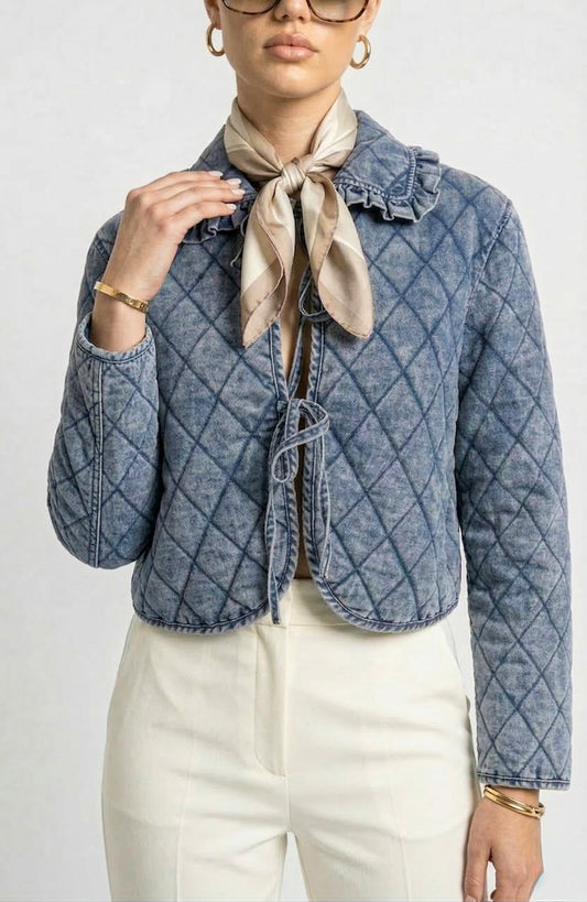 Long Sleeve Quilted Jacket with Tie Front and Ruffled Collar