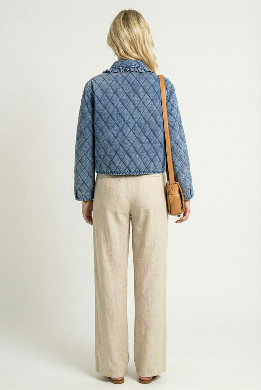 Long Sleeve Quilted Jacket with Tie Front and Ruffled Collar