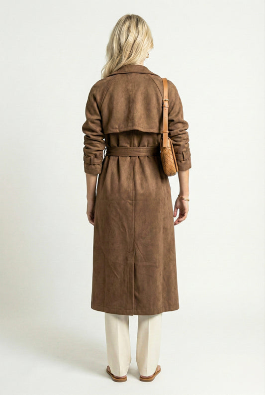 Long Sleeve Midi Trench Coat with Belted Waist and Double Breasted Front