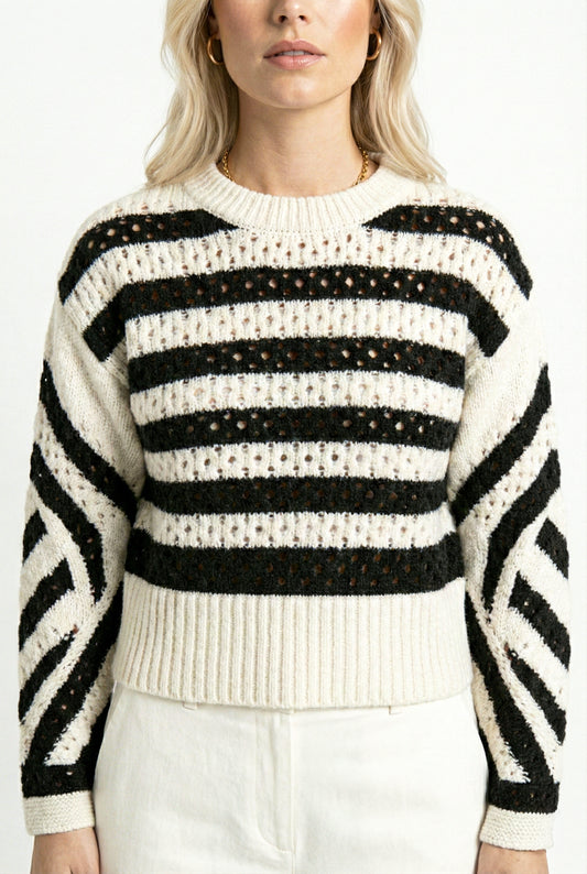 Long Sleeve Crewneck Sweater with Striped Open Knit Pattern