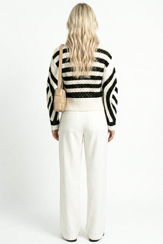 Long Sleeve Crewneck Sweater with Striped Open Knit Pattern