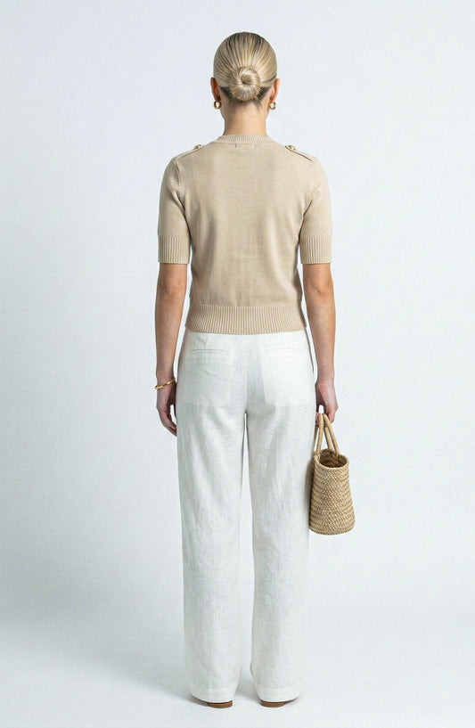 Short Sleeve Knit Cardigan with Gold Button Front and Patch Pockets