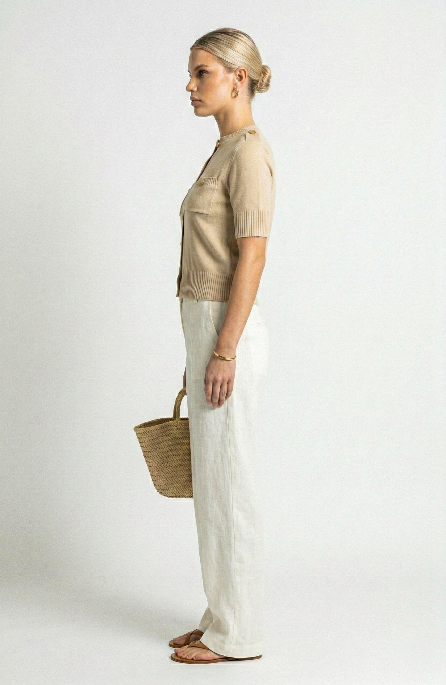 Short Sleeve Knit Cardigan with Gold Button Front and Patch Pockets