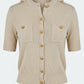 Short Sleeve Knit Cardigan with Gold Button Front and Patch Pockets