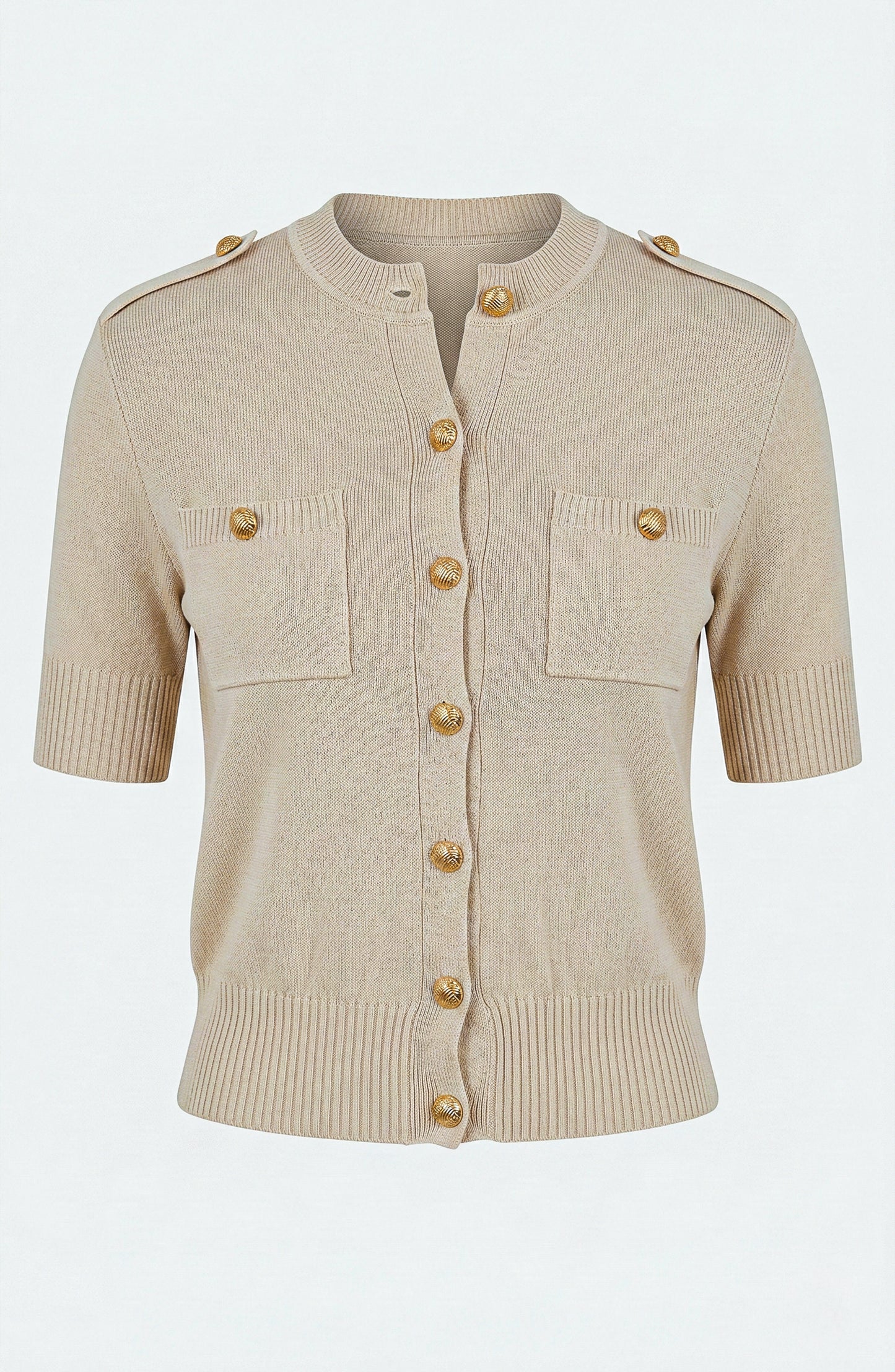 Short Sleeve Knit Cardigan with Gold Button Front and Patch Pockets