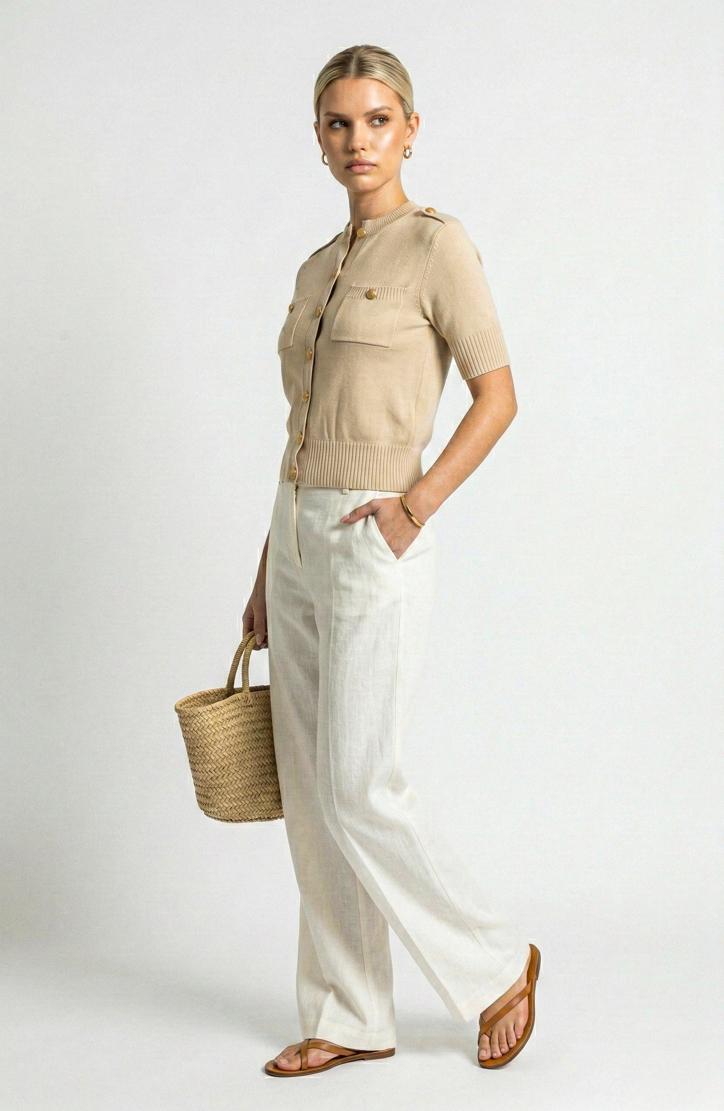 Short Sleeve Knit Cardigan with Gold Button Front and Patch Pockets