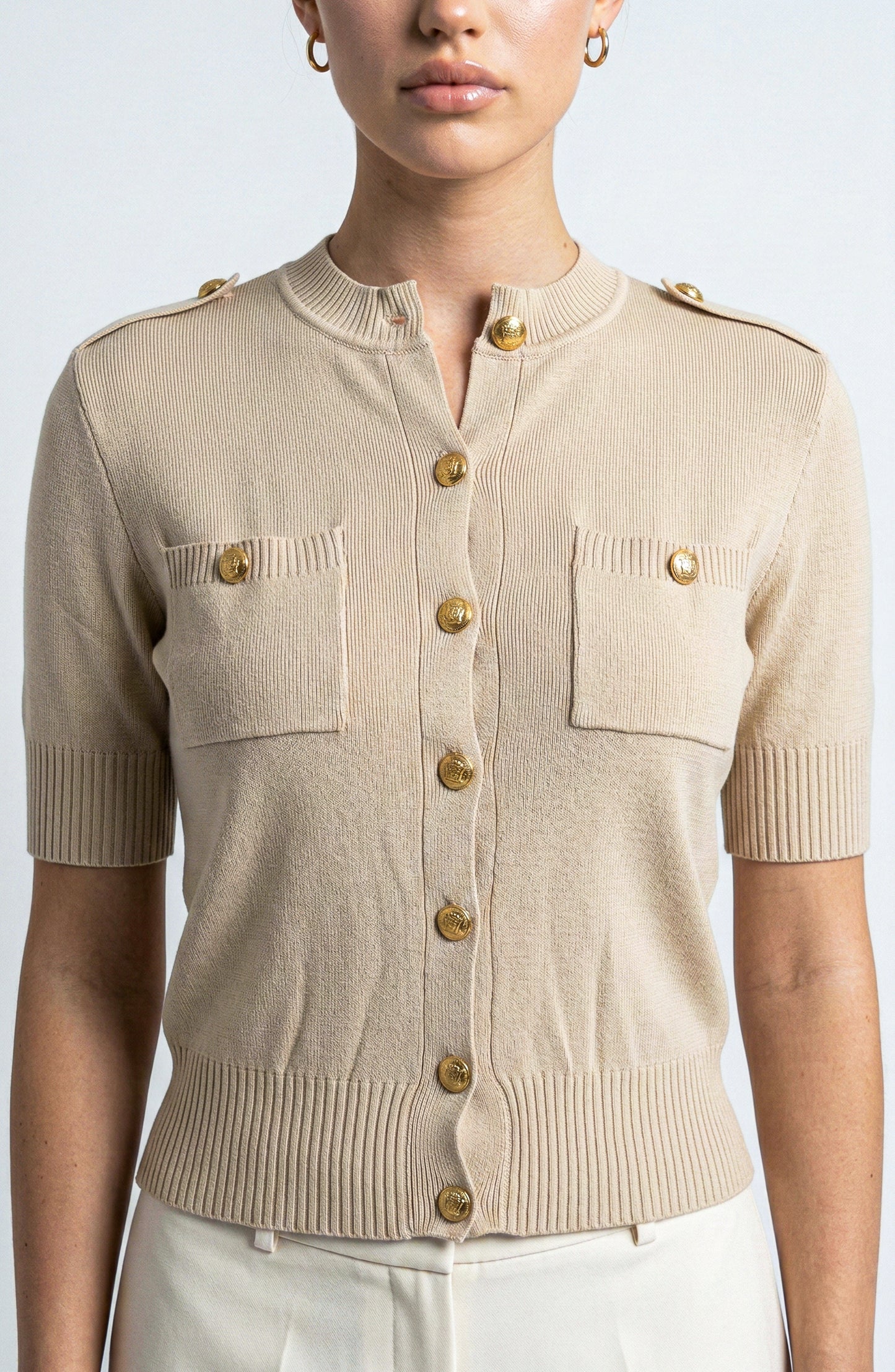 Short Sleeve Knit Cardigan with Gold Button Front and Patch Pockets