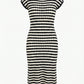 Cap Sleeve Midi Knit Dress with Crew Neck and Stripe Pattern
