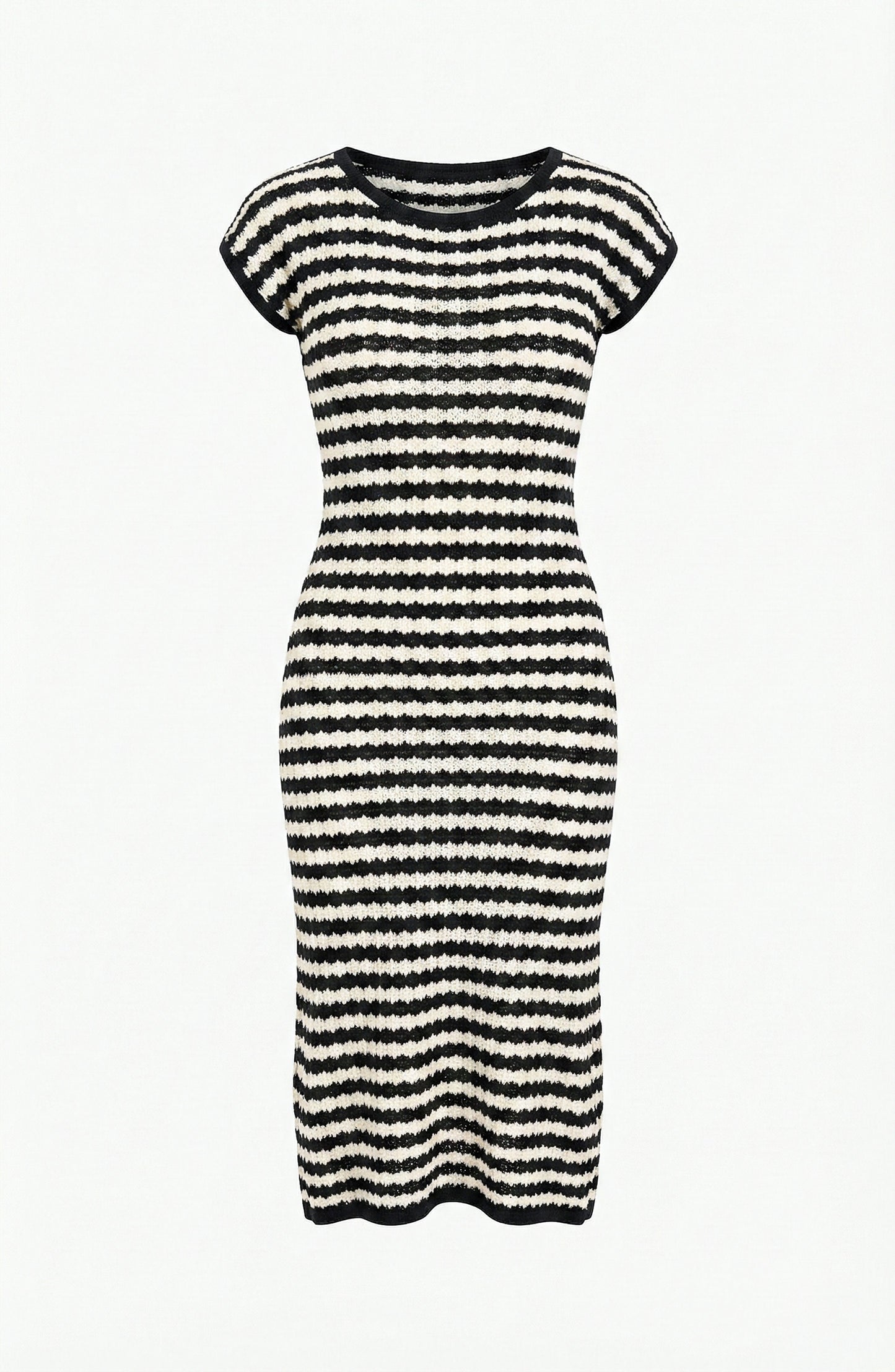 Cap Sleeve Midi Knit Dress with Crew Neck and Stripe Pattern