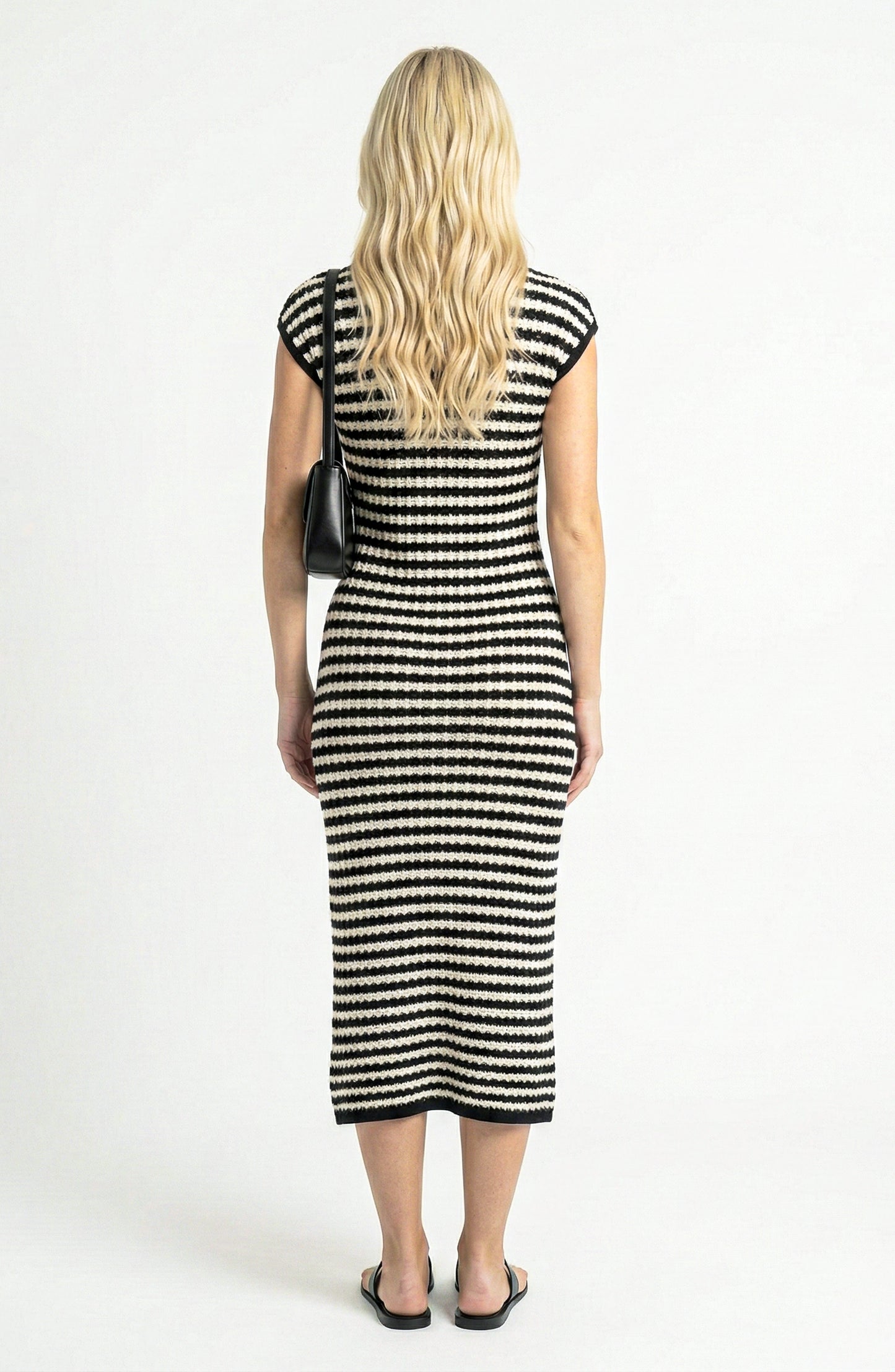 Cap Sleeve Midi Knit Dress with Crew Neck and Stripe Pattern