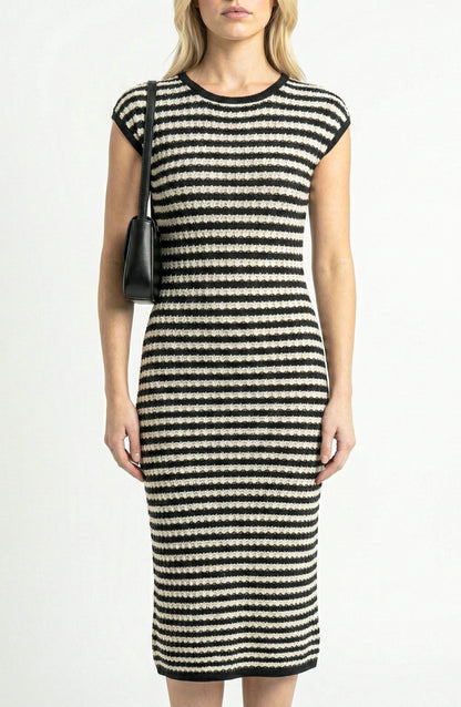 Cap Sleeve Midi Knit Dress with Crew Neck and Stripe Pattern